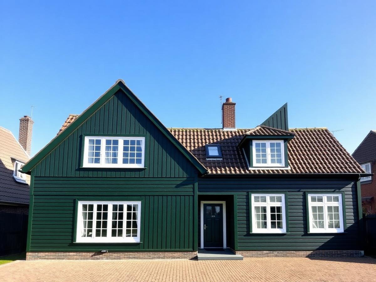 Nederlandse woning met donkergroen geschilderd gevelhout en witte kozijnen