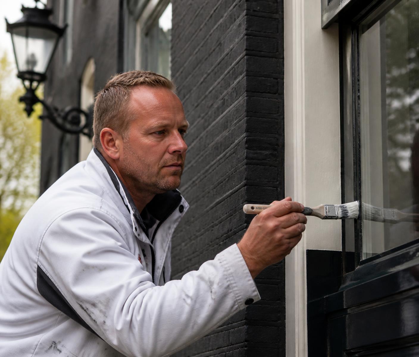 Schilder werkt met een kwast aan de buitenkozijnen van een Nederlandse woning